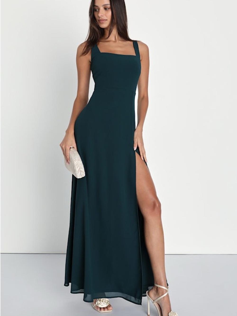 Lulu's Teal Square-Neck Maxi Dress with Side Slit